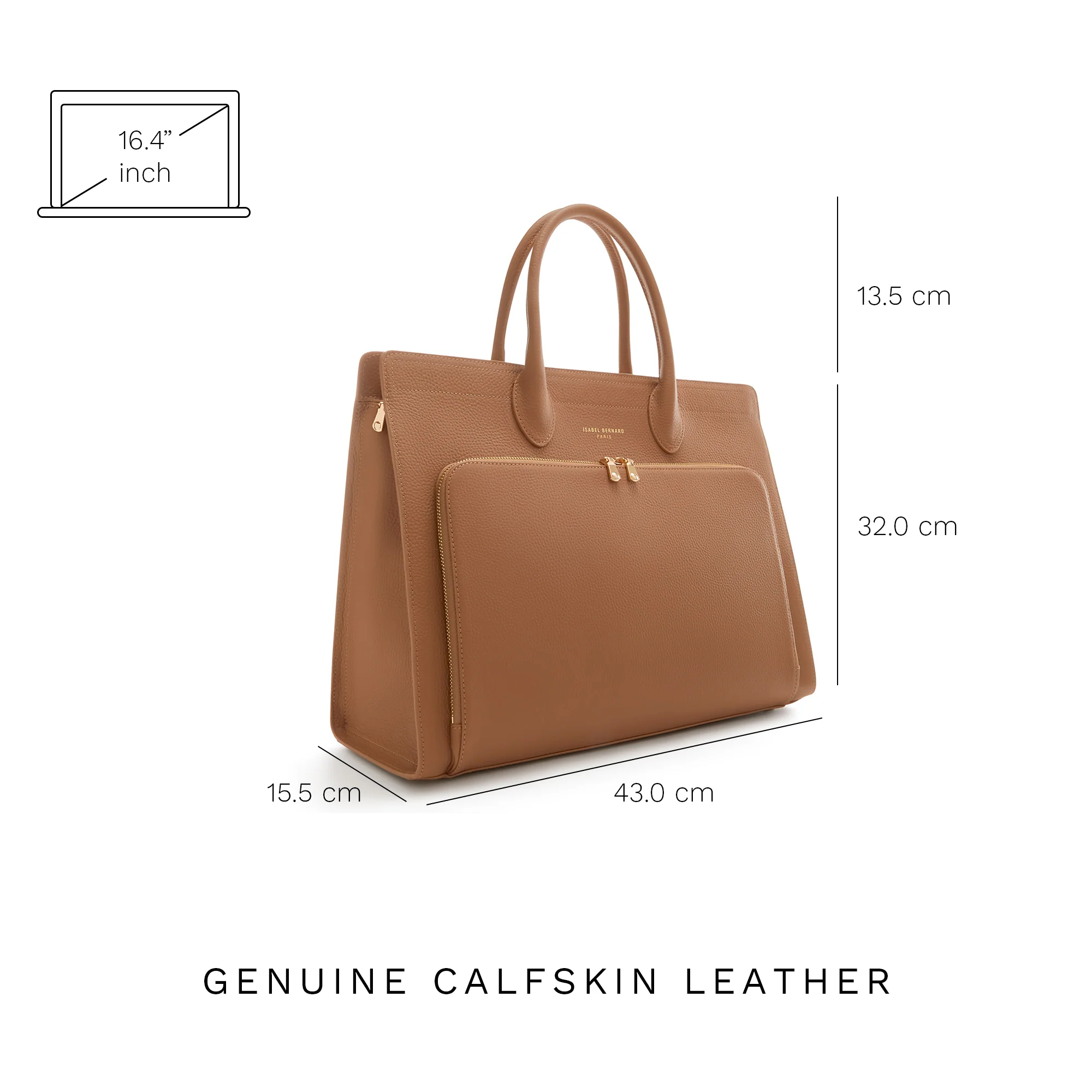 Honoré Nadine camel calfskin leather handbag with 16.4 inch laptop pocket - Image 8